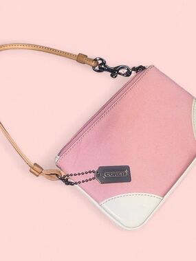 Vintiage Y2k Coach Pink Canvas Wristlet with Cream Trim and Tan Strap